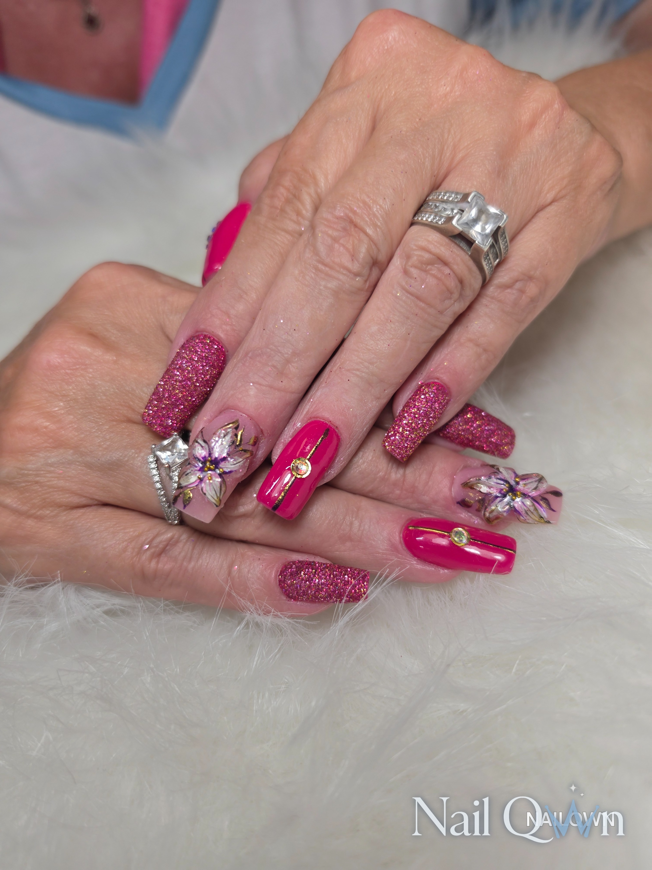 Sculpted acrylic, 3d flowers, sugar nails, crystals, handpainted art
