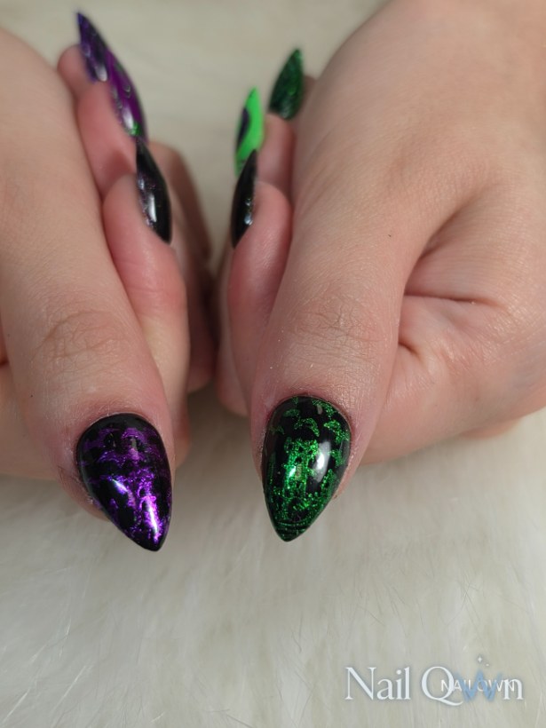 Halloween designs, handpainted art, chrome, cateye, encapsulated glitter