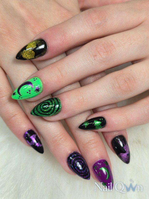 Halloween designs, handpainted art, chrome, cateye, encapsulated glitter